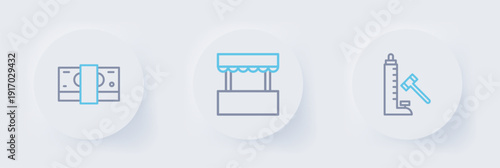 Set line Striker attraction with hammer, Ticket box office and Stacks paper money cash icon. Vector