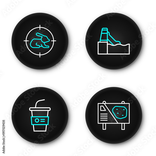 Set line Amusement park billboard, Paper glass with water, Water slide and Hunt on rabbit crosshairs icon. Vector