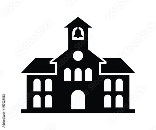 School Building Icon Black and White Circle Illustration