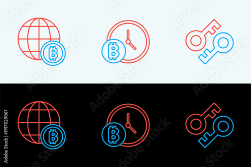 Set line Cryptocurrency key, Globe Bitcoin and with clock icon. Vector
