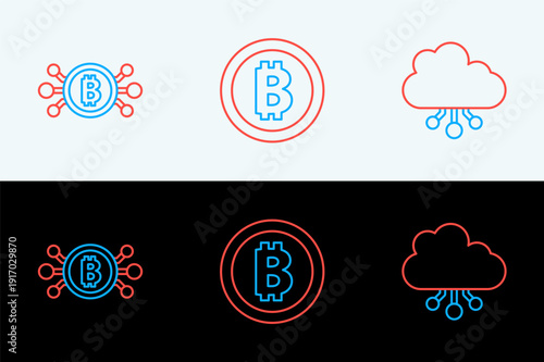 Set line Cryptocurrency cloud mining, Bitcoin circuit and icon. Vector