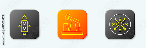 Set line Rocket ship, Oil pump or pump jack and Snowflake icon. Vector