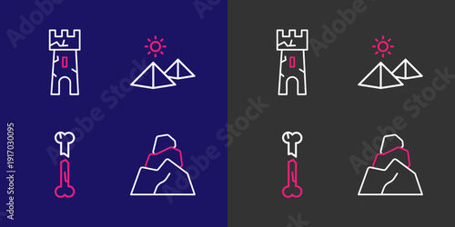 Set line Rock stones, Human broken bone, Egypt pyramids and Castle tower icon. Vector