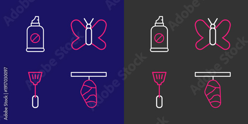 Set line Butterfly cocoon, Fly swatter, and Spray against insects icon. Vector