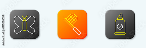 Set line Butterfly, net and Spray against insects icon. Vector