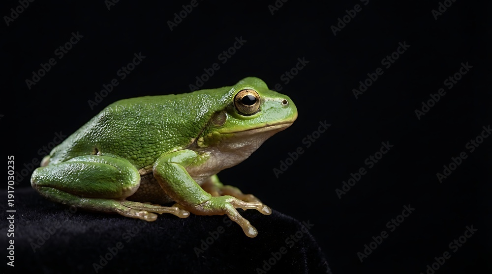 Fototapeta premium Green tree frog close up portrait on black background for wildlife concept..