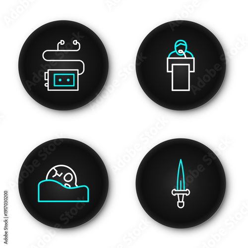 Set line Dagger, Human skull, Gives lecture and Museum audio guide icon. Vector