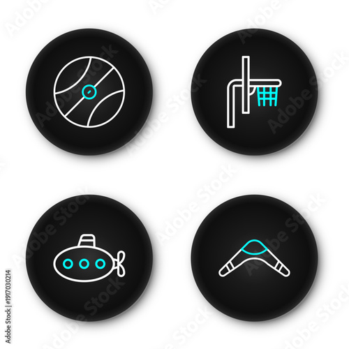 Set line Boomerang, Submarine toy, Basketball backboard and icon. Vector