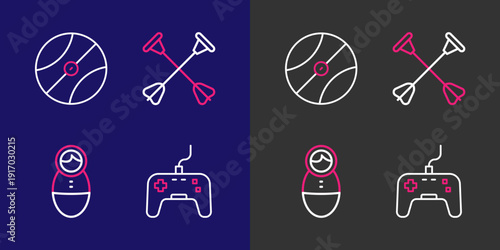 Set line Gamepad, Tumbler doll toy, Arrow with sucker tip and Basketball ball icon. Vector