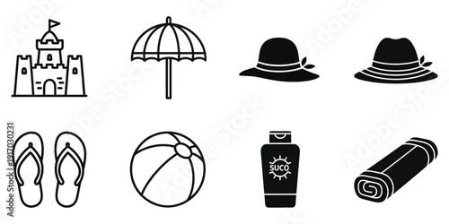 Black and white beach including sandcastle umbrella hats flip flops ball sunscreen and towel