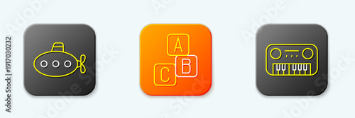 Set line Submarine toy, ABC blocks and Toy piano icon. Vector