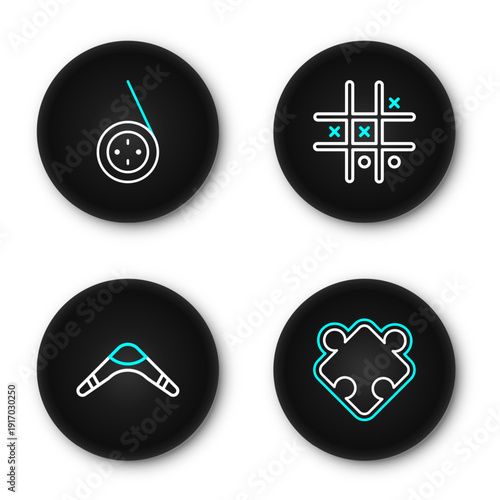 Set line Puzzle pieces toy, Boomerang, Tic tac toe game and Yoyo icon. Vector
