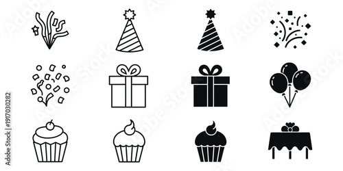 Black and white birthday celebration including party hats gifts cupcakes cake