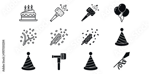 Black and white birthday celebration including cake candles confetti hats party