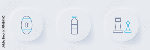 Set line Chess, Bottle of water and American Football ball icon. Vector