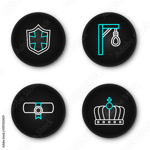 Set line King crown, Decree, parchment, scroll, Gallows and Shield icon. Vector