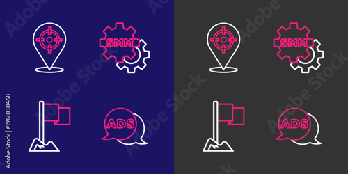 Set line Advertising, Location marker, Social media marketing and Target sport icon. Vector