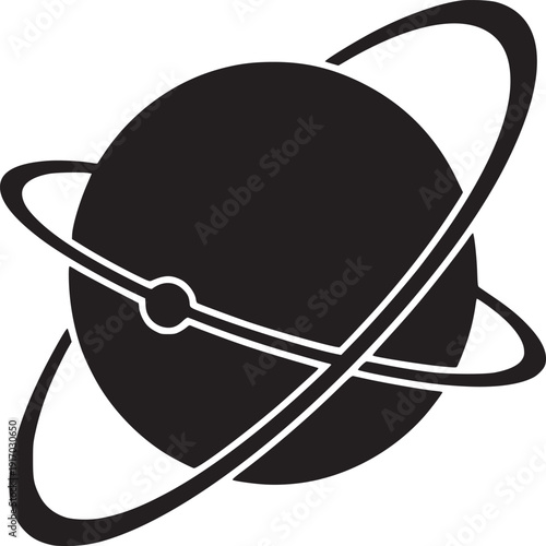 Dynamic black and white orbital icon represents global connections, technology solutions, and innovative ideas