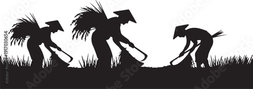 Three Silhouettes of People Working in a Field with Tools