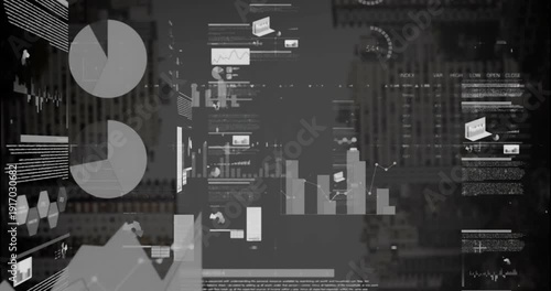 Analyst reviewing finance dashboard through skyscraper window, showing pie charts line graphs gauge