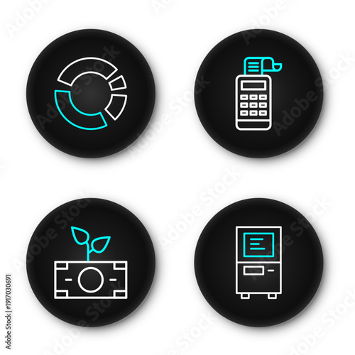 Set line ATM, Money plant in the pot, Cash register machine and Pie chart infographic icon. Vector