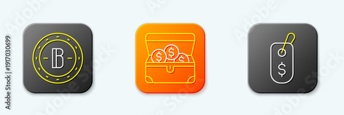 Set line Bitcoin, Treasure chest and Price tag with dollar icon. Vector