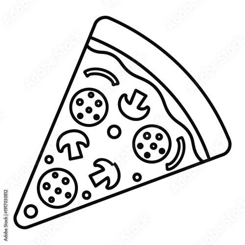 Outline illustration of a slice of pizza with pepperoni and mushrooms, fast food, vector graphic.