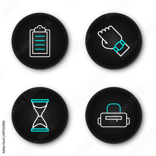 Set line Sport bag, Old hourglass, Smart watch on hand and training program icon. Vector