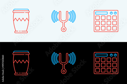 Set line Drum machine, and Musical tuning fork icon. Vector