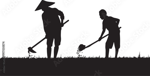 Two People Digging in a Field Silhouette shovel