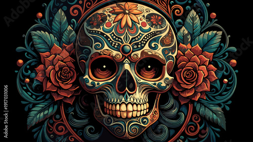 Very beautiful Day of the Dead sugar skull artwork in dark gothic style, intricate floral patterns and ornamental details glowing against deep black background, bold symmetrical composition designed f