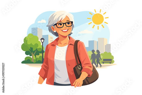 A smiling elderly woman aged 55-wearing glasses, strolls down an outdoor city street bathed in sunlight, radiating happiness