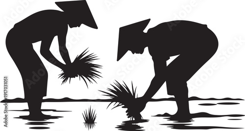 Two People Picking Sea Urchins on the Beach silhouette