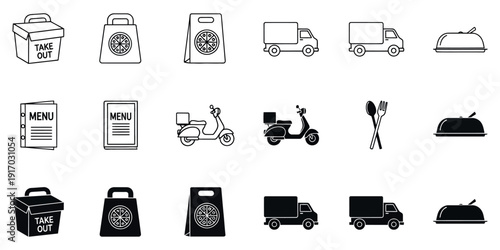 Black and white food delivery including menus and vehicles take out pizza truck