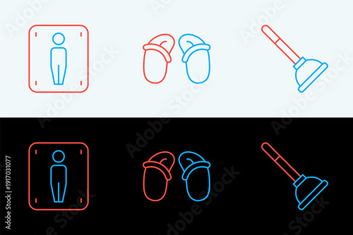 Set line Rubber plunger, Male toilet and Flip flops icon. Vector