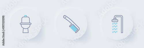 Set line Shower, Hairbrush and Toilet bowl icon. Vector