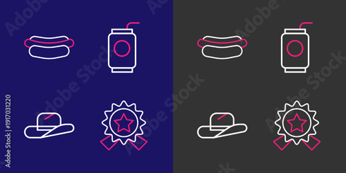 Set line Medal with star, Western cowboy hat, Soda can straw and Hotdog sandwich icon. Vector