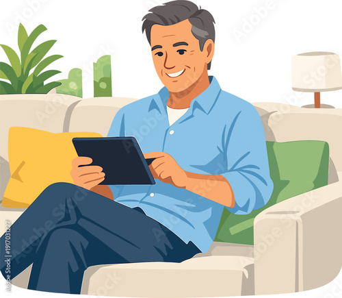 A content middle‑aged man, tablet in hand, sits on a cozy sofa in a brightly lit room, with natural light pouring in through large windows