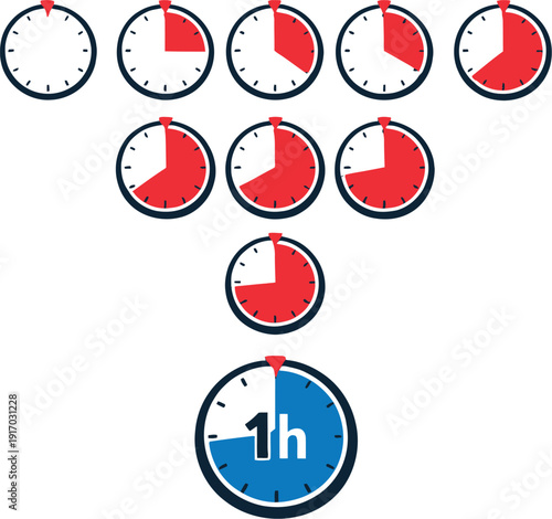 A set of minute timer, clock, and watch icons ranging from 0 to 60 minutes and 1–2 hours, featuring cooking, countdown, and running timer vector illustrations