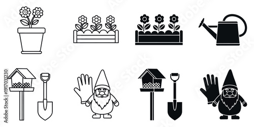 Black and white garden including flowers planters watering can birdhouse shovel and garden gnomes
