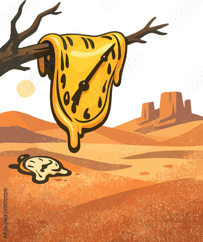 A melting yellow clock in a desert setting, rendered with a vintage film aesthetic, shows surreal timepieces distorting beneath 1960s film grain and gentle blur tones