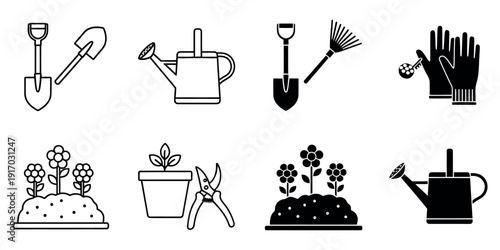 Black and white gardening tools and plants shovel trowel watering can