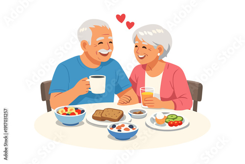 A loving retired couple sits at home around the table, enjoying a healthy breakfast together