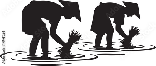 Two People Planting Rice in Water Silhouette
