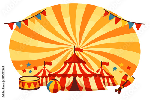 A circus backdrop featuring spiral yellow and orange rays, a vintage radial sunburst pattern with dynamic beams, evoking a retro carnival, circus tent, summer fair, or chapiteau style for posters and