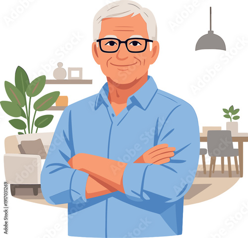 A cheerful, confident, older gentleman wearing glasses stands with his arms crossed at home, smiling as a handsome 60‑year‑old looks at the camera in a modern living room portrait