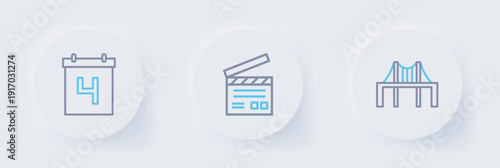 Set line Golden gate bridge, Movie clapper and Calendar with date July 4 icon. Vector