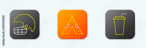 Set line American football helmet, Indian teepee or wigwam and Paper glass with straw icon. Vector