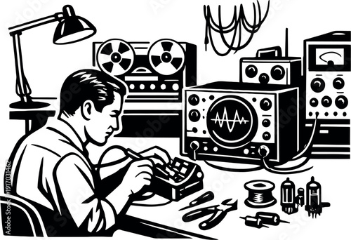 A 1960s electronics workshop captured in a vintage black-and-white photograph