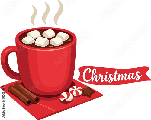 A cup of steaming cocoa, crowned with marshmallows, sits on a red napkin, marking 60 days until Christmas and evoking a warm, welcoming winter ambiance